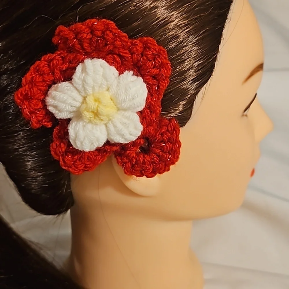 Hand Crafted Hand Knit Crochet Red White yellow puffy flower TikTok fashion bow